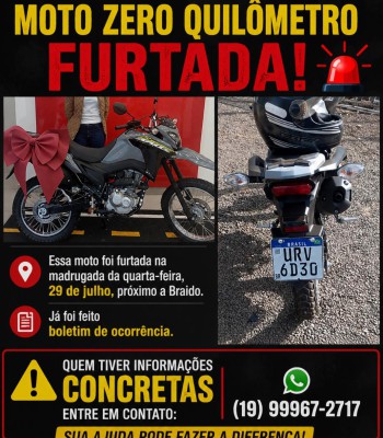 MOTO ZERO QUILÔMETRO É FURTADA EM LEME
