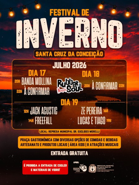 VEM AÍ O FESTIVAL DE INVERNO SANTA CRUZ DA CONCEIÇÃO COM ENTRADA GRATUITA