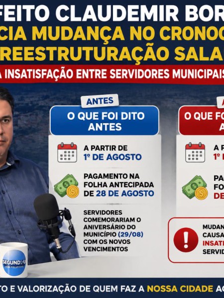 PREFEITO CLAUDEMIR BORGES ANUNCIA MUDANÇA NO CRONOGRAMA DA REESTRUTURAÇÃO SALARIAL E GERA INSATISFAÇÃO ENTRE SERVIDORES MUNICIPAIS DE LEME