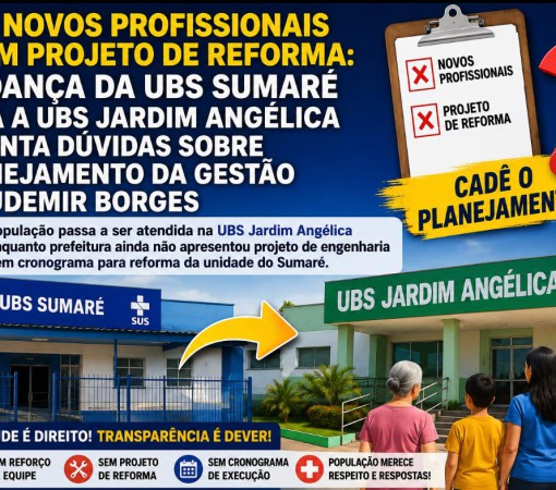 SEM NOVOS PROFISSIONAIS E SEM PROJETO DE REFORMA: MUDANÇA DA UBS SUMARÉ PARA A UBS JARDIM ANGÉLICA LEVANTA DÚVIDAS SOBRE PLANEJAMENTO DA GESTÃO CLAUDEMIR BORGES}