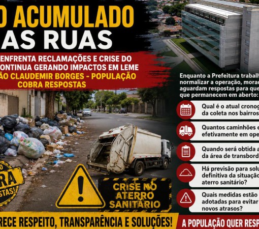 LIXO ACUMULADO NAS RUAS: COLETA ENFRENTA RECLAMAÇÕES E CRISE DO ATERRO CONTINUA GERANDO IMPACTOS EM LEME NA GESTÃO CLAUDEMIR BORGES}