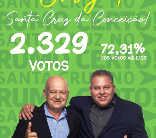 DU ARANHA É REELEITO PREFEITO DE SANTA CRUZ DA CONCEIÇÃO COM 72,31% DOS VOTOS}