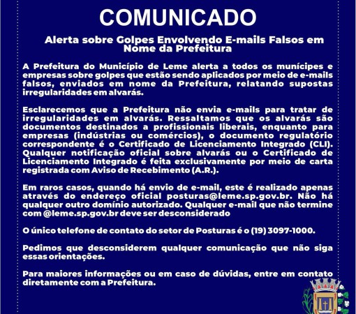 COMUNICADO DE ALERTA SOBRE GOLPES ENVOLVENDO E-MAILS FALSOS EM NOME DA PREFEITURA}