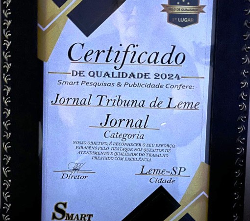 JORNAL TRIBUNA DE LEME RECEBE CERTIFICADO DE QUALIDADE 2024 COMO 1º LUGAR NA CATEGORIA JORNAL}
