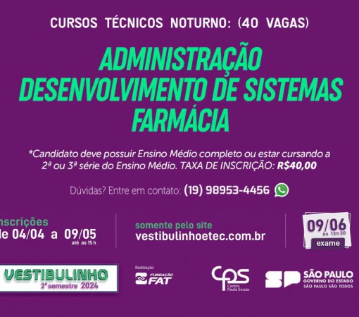 INSCRIÇÕES PARA O VESTIBULINHO – 2º SEMESTRE DA ETEC “DEP. SALIM SEDEH” SE ENCERRAM NO PRÓXIMO DIA 09 DE MAIO}