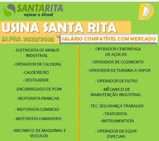 Vagas de empregos na USINA SANTA RITA - Safra 2022/2023}