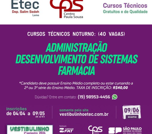 ETEC “DEP. SALIM SEDEH” ABRE INSCRIÇÕES PARA O VESTIBULINHO – 2º SEMESTRE PARA CURSOS TÉCNICOS NO PERÍODO NOTURNO}