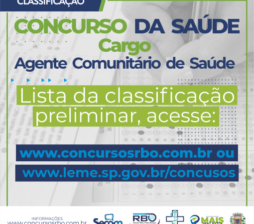 Prefeitura divulga lista de classificação preliminar do concurso público da Secretaria de Saúde - das provas realizadas em 16 de julho.}