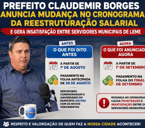 PREFEITO CLAUDEMIR BORGES ANUNCIA MUDANÇA NO CRONOGRAMA DA REESTRUTURAÇÃO SALARIAL E GERA INSATISFAÇÃO ENTRE SERVIDORES MUNICIPAIS DE LEME}