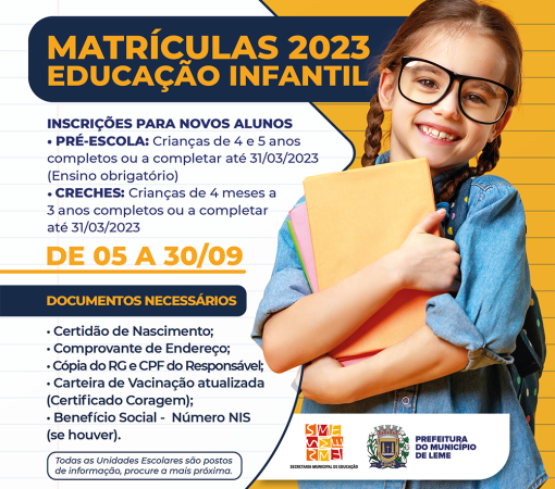 MATRÍCULAS PARA A EDUCAÇÃO INFANTIL – CRECHE E PRÉ-ESCOLA – ACONTECEM ENTRE OS DIAS 05 E 30 DE SETEMBRO DE 2022}