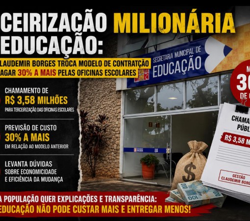 TERCEIRIZAÇÃO MILIONÁRIA NA EDUCAÇÃO: GESTÃO CLAUDEMIR BORGES TROCA MODELO DE CONTRATAÇÃO E PREVÊ PAGAR 30% A MAIS PELAS OFICINAS ESCOLARES}