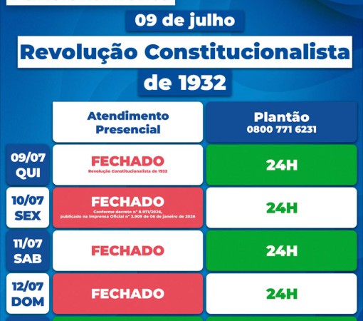 ATENÇÃO AO FUNCIONAMENTO DA SAECIL DEVIDO AO FERIADO DE 09 DE JULHO}