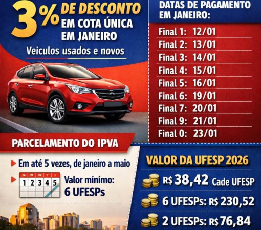 GOVERNO DE SP PUBLICA CRONOGRAMA E REGRAS DO IPVA 2026 COM DESCONTO DE 3% PARA PAGAMENTO À VISTA}
