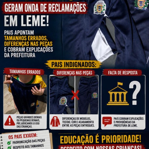UNIFORMES DE INVERNO GERAM ONDA DE RECLAMAÇÕES EM LEME: PAIS APONTAM TAMANHOS ERRADOS, DIFERENÇAS NAS PEÇAS E COBRAM EXPLICAÇÕES DA PREFEITURA