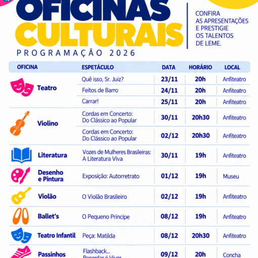 OFICINAS CULTURAIS DE LEME APRESENTAM PROGRAMAÇÃO DE ENCERRAMENTO DE 2026}