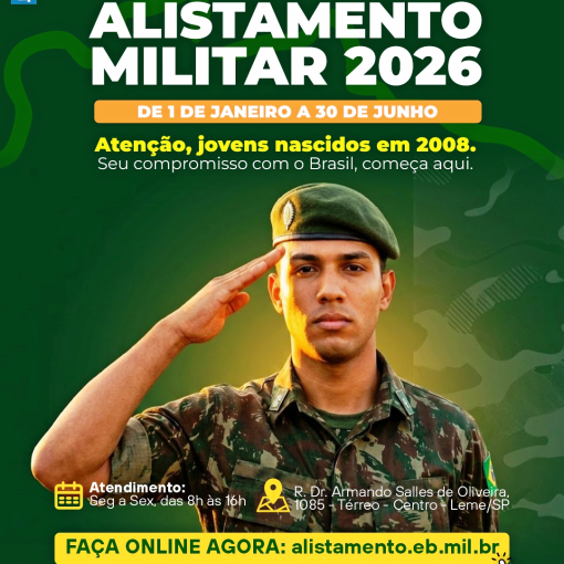 ALISTAMENTO MILITAR OBRIGATÓRIO 2026 ATÉ DIA 30 DE JUNHO DE 2026