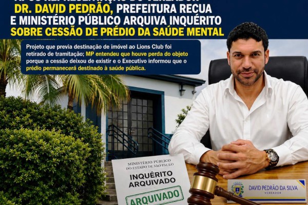 APÓS REPRESENTAÇÃO DO VEREADOR DR. DAVID PEDRÃO, PREFEITURA RECUA E MINISTÉRIO PÚBLICO ARQUIVA INQUÉRITO SOBRE CESSÃO DE PRÉDIO DA SAÚDE MENTAL}