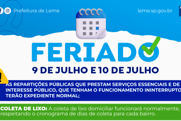 FERIADO ESTADUAL E PONTO FACULTATIVO NAS REPARTIÇÕES PÚBLICAS MUNICIPAIS NOS DIAS 09 E 10 DE JULHO}