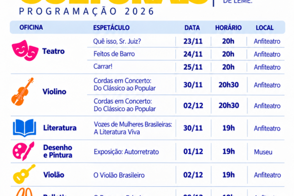 OFICINAS CULTURAIS DE LEME APRESENTAM PROGRAMAÇÃO DE ENCERRAMENTO DE 2026}
