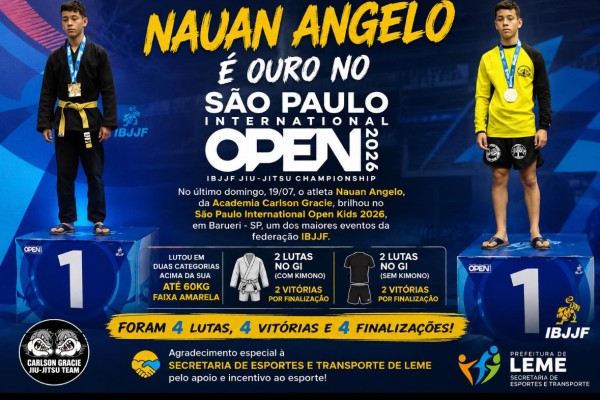 NAUAN ANGELO CONQUISTA OURO NO SÃO PAULO INTERNATIONAL OPEN KIDS 2026 DA IBJJF}