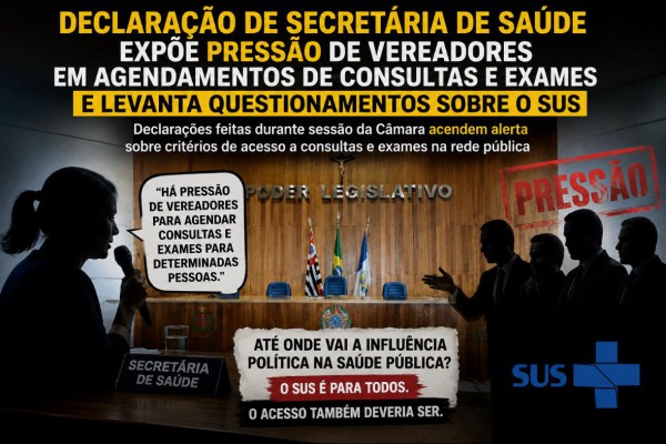 DECLARAÇÃO DE SECRETÁRIA DE SAÚDE EXPÕE PRESSÃO DE VEREADORES EM AGENDAMENTOS DE CONSULTAS E EXAMES E LEVANTA QUESTIONAMENTOS SOBRE O SUS}