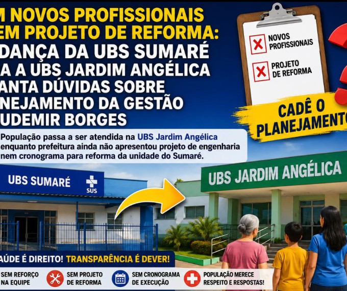 SEM NOVOS PROFISSIONAIS E SEM PROJETO DE REFORMA: MUDANÇA DA UBS SUMARÉ PARA A UBS JARDIM ANGÉLICA LEVANTA DÚVIDAS SOBRE PLANEJAMENTO DA GESTÃO CLAUDEMIR BORGES