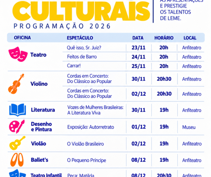 OFICINAS CULTURAIS DE LEME APRESENTAM PROGRAMAÇÃO DE ENCERRAMENTO DE 2026