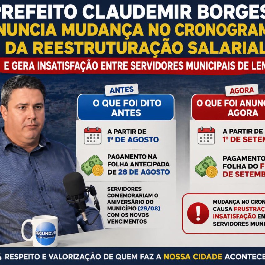 PREFEITO CLAUDEMIR BORGES ANUNCIA MUDANÇA NO CRONOGRAMA DA REESTRUTURAÇÃO SALARIAL E GERA INSATISFAÇÃO ENTRE SERVIDORES MUNICIPAIS DE LEME