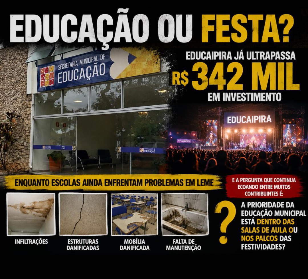EDUCAÇÃO OU FESTA? EDUCAIPIRA JÁ ULTRAPASSA R$ 342 MIL ENQUANTO ESCOLAS AINDA ENFRENTAM PROBLEMAS EM LEME