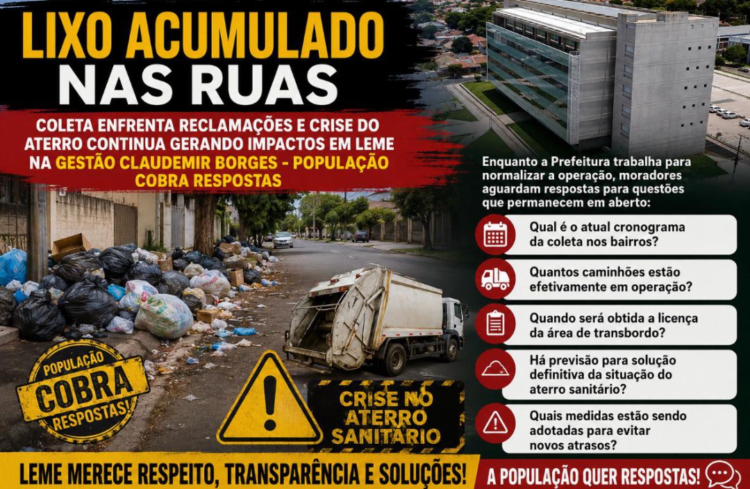 LIXO ACUMULADO NAS RUAS: COLETA ENFRENTA RECLAMAÇÕES E CRISE DO ATERRO CONTINUA GERANDO IMPACTOS EM LEME NA GESTÃO CLAUDEMIR BORGES