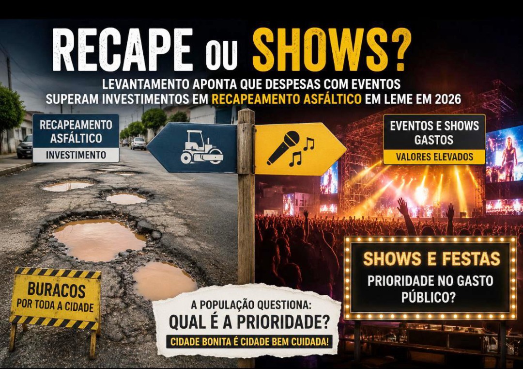 RECAPE OU SHOWS? LEVANTAMENTO APONTA QUE DESPESAS COM EVENTOS NA GESTÃO CLAUDEMIR BORGES SUPERAM INVESTIMENTOS EM RECAPEAMENTO ASFÁLTICO EM LEME EM 2026
