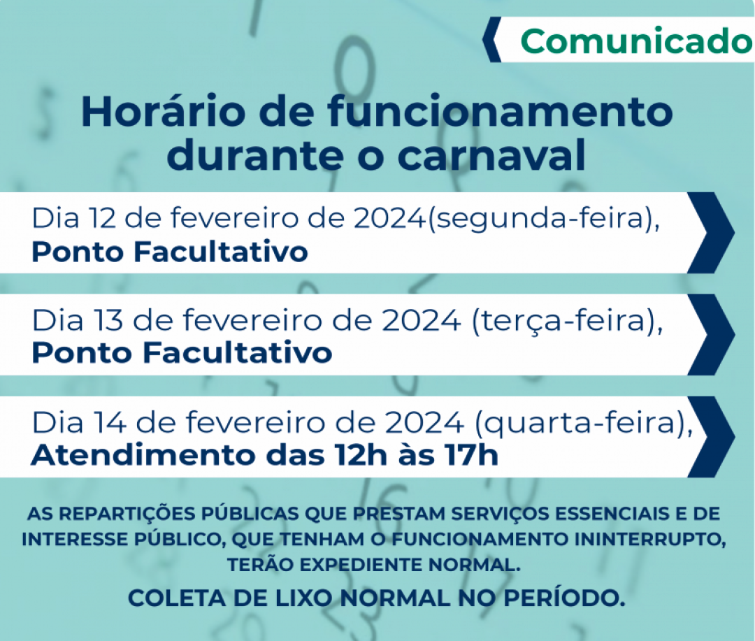 PONTO FACULTATIVO REPARTIÇÕES PÚBLICAS MUNICIPAIS DIAS 12,13 E 14 DE FEVEREIRO