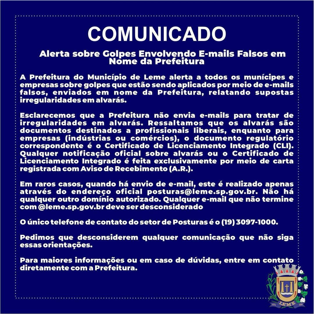 COMUNICADO DE ALERTA SOBRE GOLPES ENVOLVENDO E-MAILS FALSOS EM NOME DA PREFEITURA