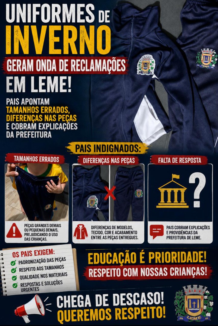 UNIFORMES DE INVERNO GERAM ONDA DE RECLAMAÇÕES EM LEME: PAIS APONTAM TAMANHOS ERRADOS, DIFERENÇAS NAS PEÇAS E COBRAM EXPLICAÇÕES DA PREFEITURA