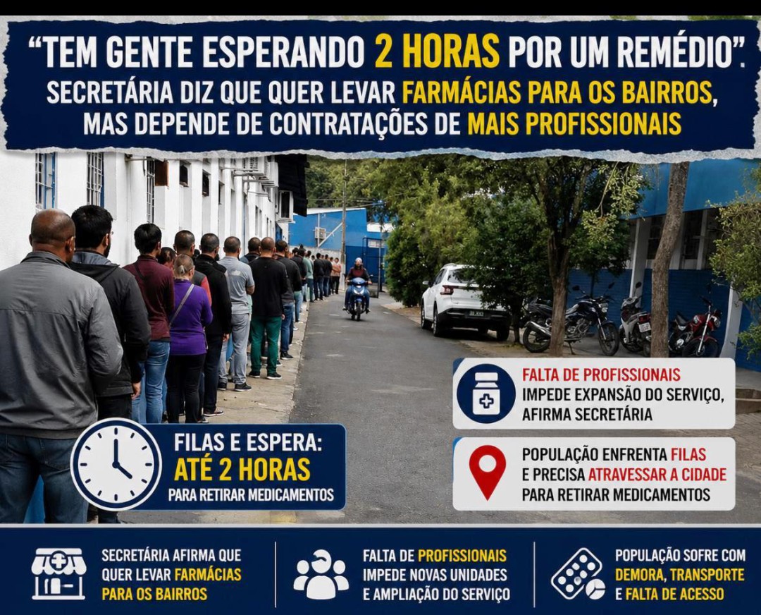 "TEM GENTE ESPERANDO 2 HORAS POR UM REMÉDIO": SECRETÁRIA DIZ QUE QUER LEVAR FARMÁCIAS PARA OS BAIRROS, MAS DEPENDE DE CONTRATAÇÕES DE MAIS PROFISSIONAIS