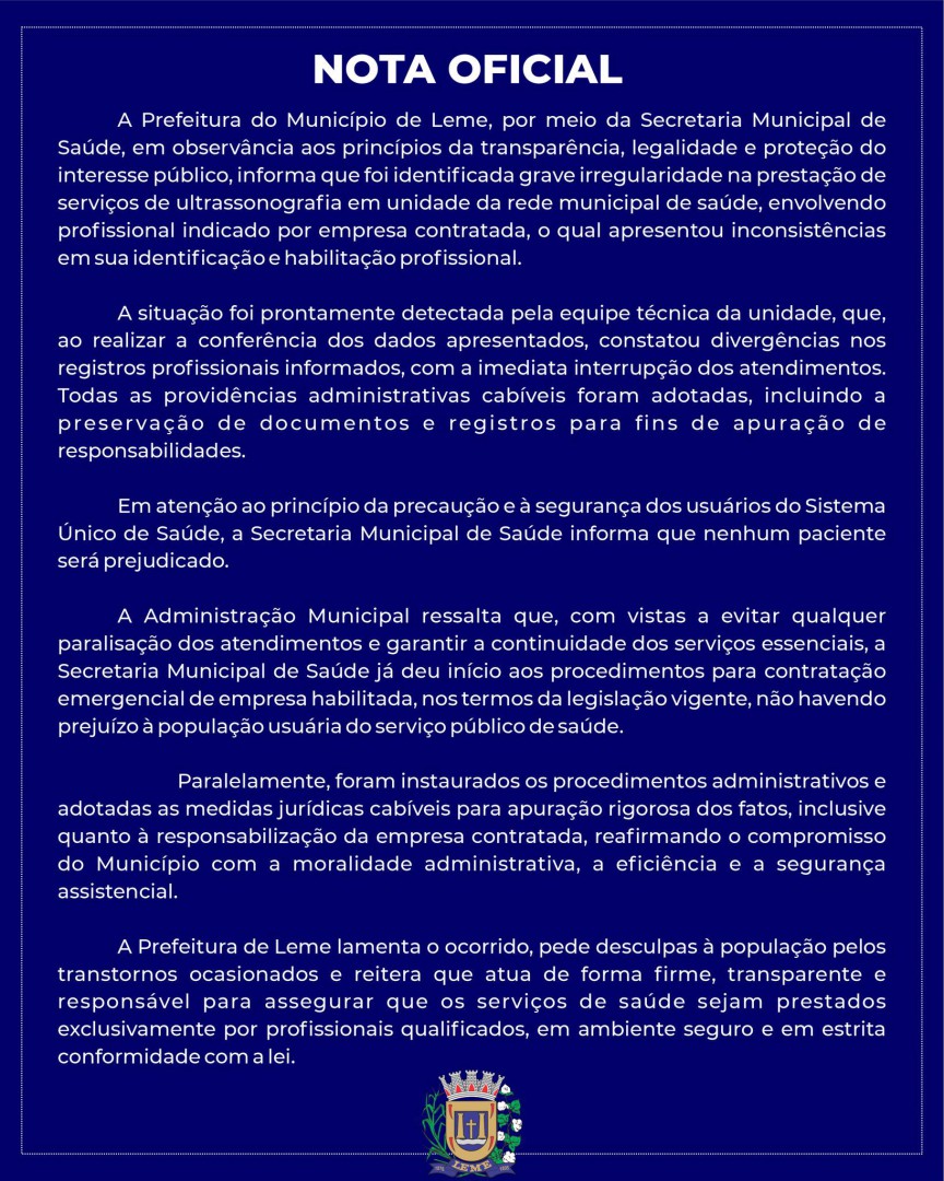 NOTA OFICIAL DA SECRETARIA DE SAÚDE MUNICIPAL