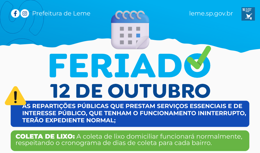 FERIADO NACIONAL NAS REPARTIÇÕES PÚBLICAS MUNICIPAIS NO DIA 12 DE OUTUBRO DE 2026