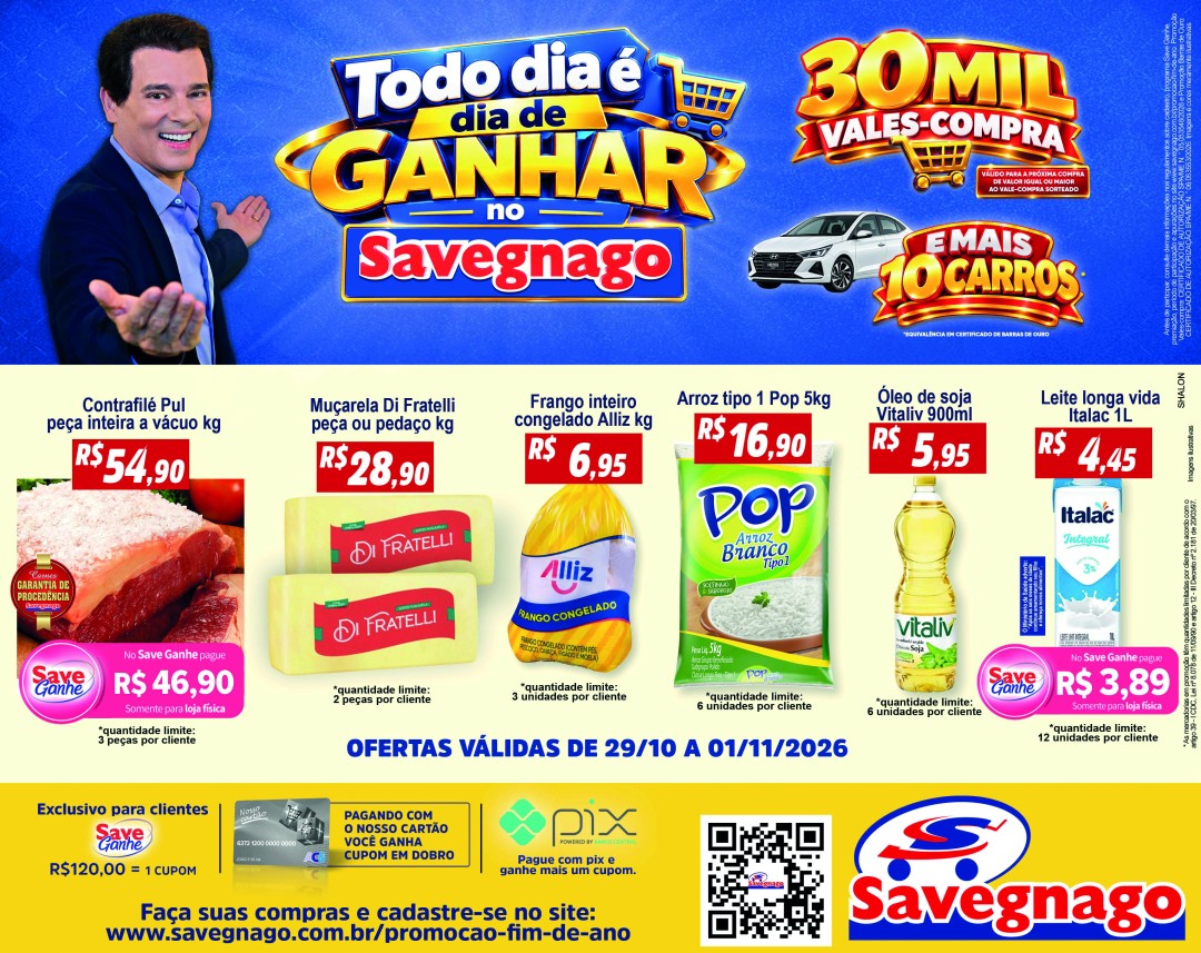 CAMPANHA DE FINAL DE ANO 2026 DO SAVEGNAGO SUPERMERCADOS DISTRIBUI 30 MIL VALES-COMPRAS E SORTEIA 10 CARROS