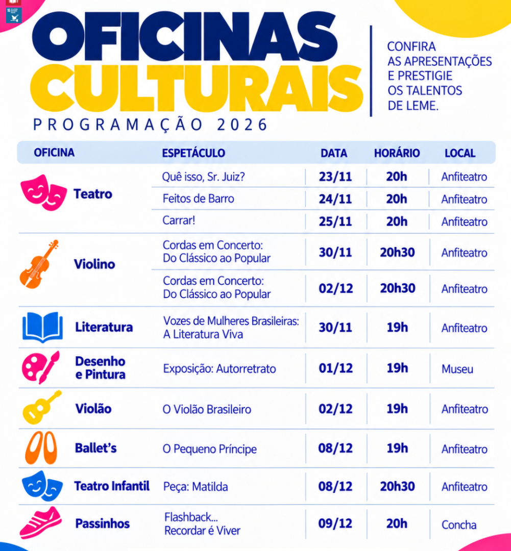 OFICINAS CULTURAIS DE LEME APRESENTAM PROGRAMAÇÃO DE ENCERRAMENTO DE 2026