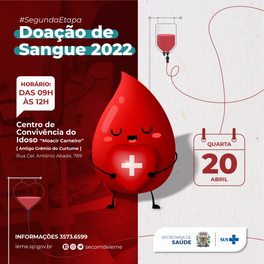 ETAPA “2” DO CALENDÁRIO DE DOAÇÃO DE SANGUE SERÁ REALIZADA NO DIA 20 DE ABRIL