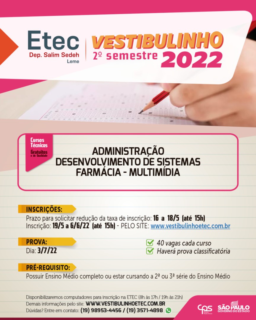 Estão abertas as inscrições para o Vestibulinho ETEC 2º Semestre de 2022