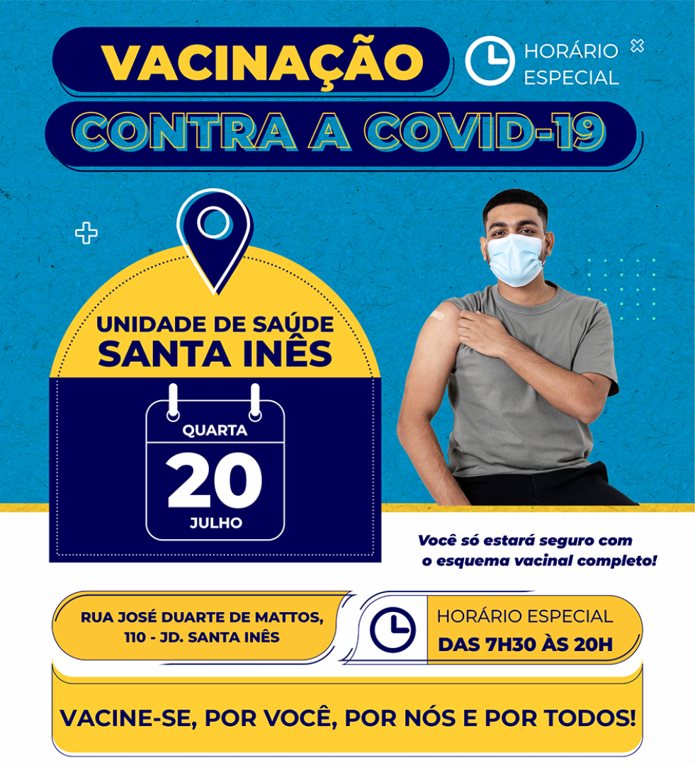 VACINAÇÃO COVID-19 – Horário estendido para vacinação na quarta feira, dia 20 de Julho