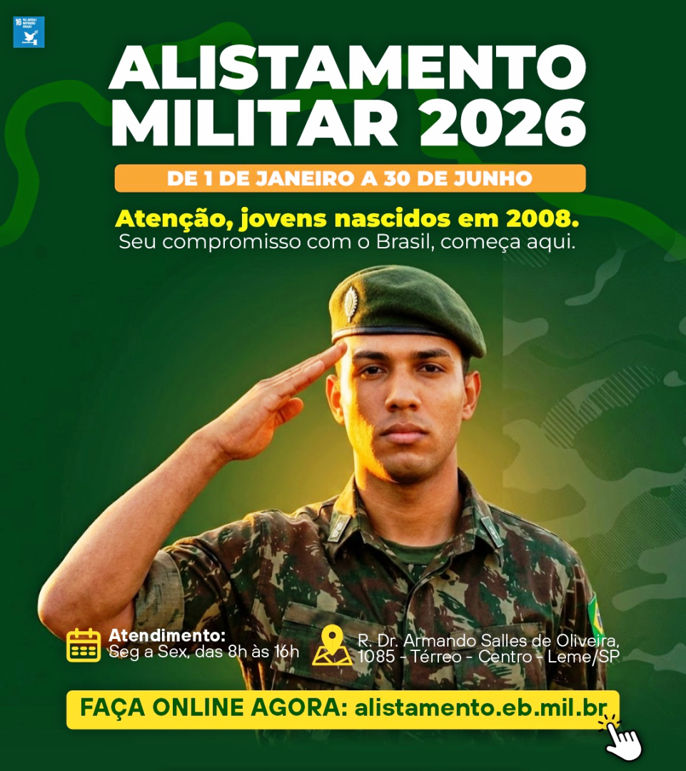 ALISTAMENTO MILITAR OBRIGATÓRIO 2026 ATÉ DIA 30 DE JUNHO DE 2026