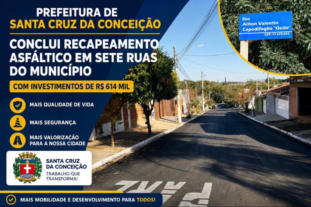 PREFEITURA DE SANTA CRUZ DA CONCEIÇÃO CONCLUI RECAPEAMENTO ASFÁLTICO EM SETE RUAS DO MUNICÍPIO COM INVESTIMENTOS DE R$ 614 MIL