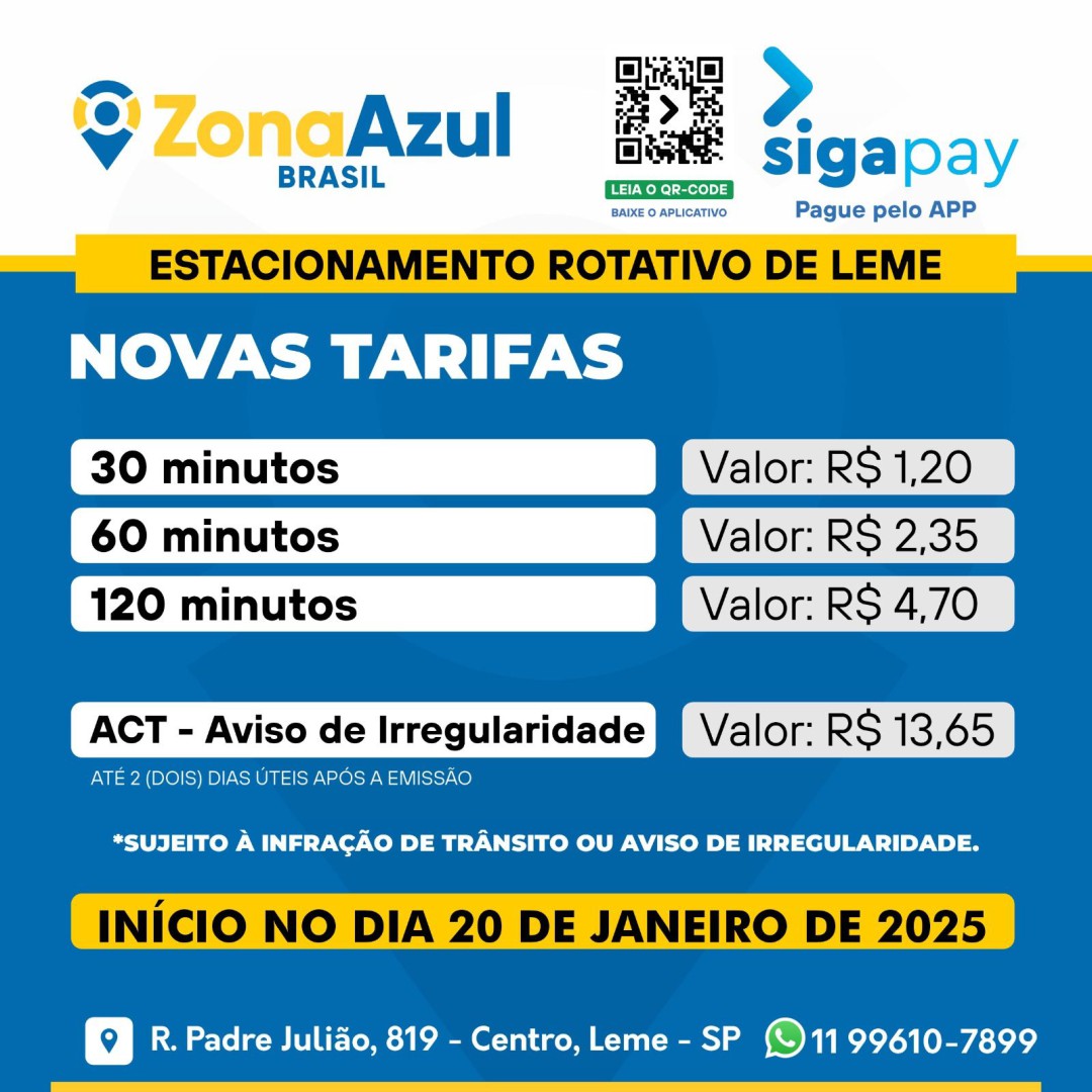 NOVAS TARIFAS DA ZONA AZUL EM LEME