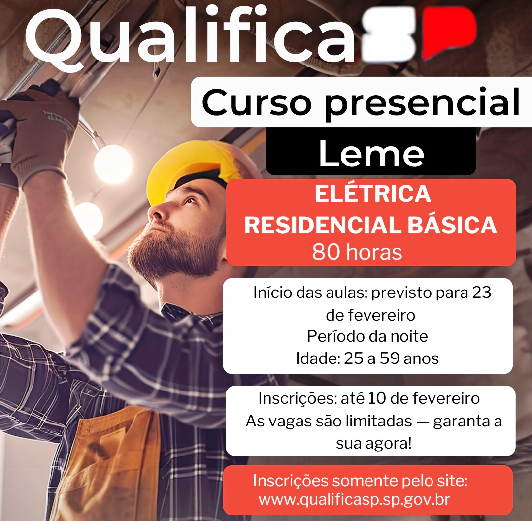 INSCRIÇÕES ABERTAS PARA CURSO GRATUITO DE ELÉTRICA RESIDENCIAL BÁSICA