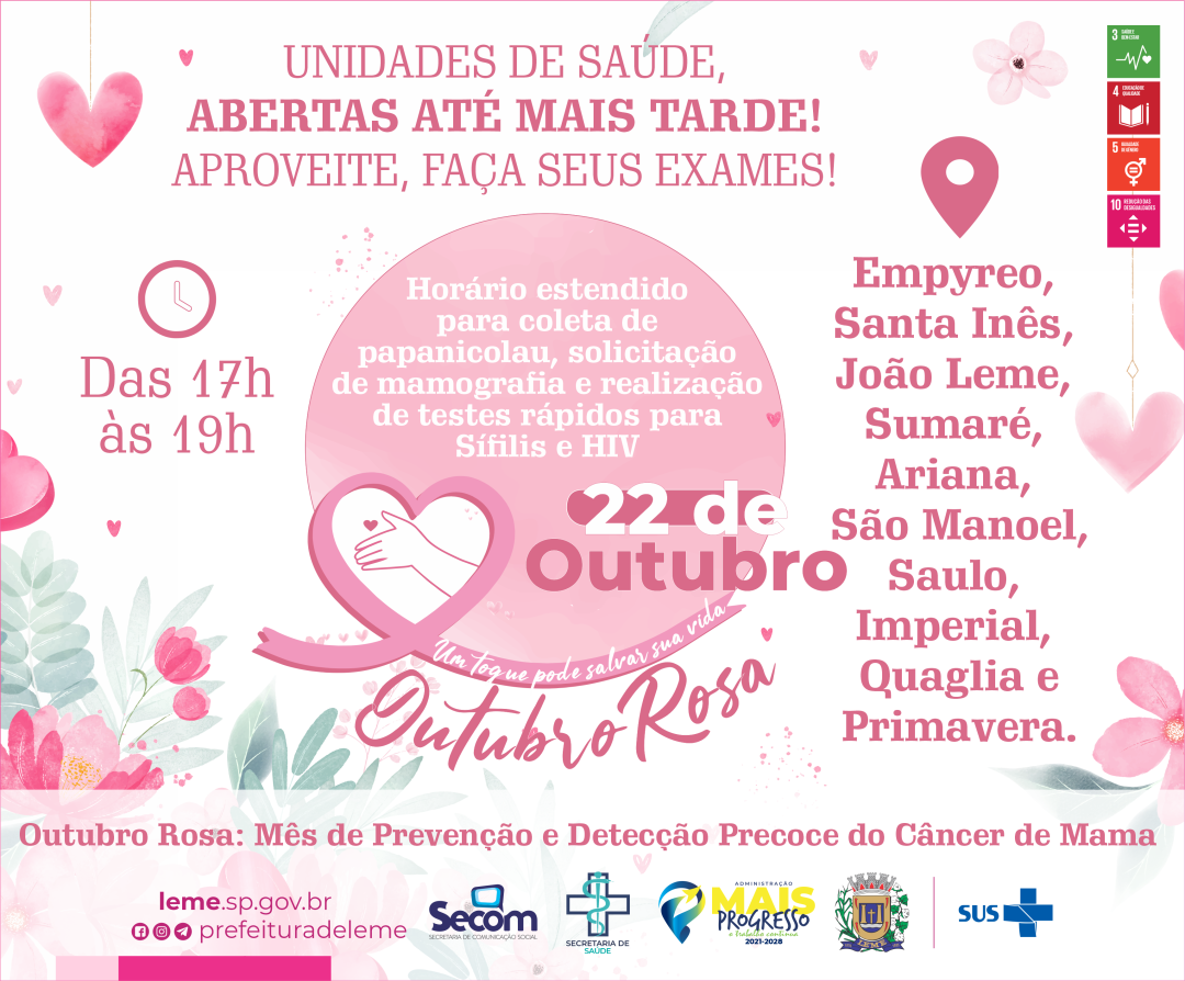 OUTUBRO ROSA – UNIDADES DE SAÚDE ABERTAS ATÉ MAIS TARDE