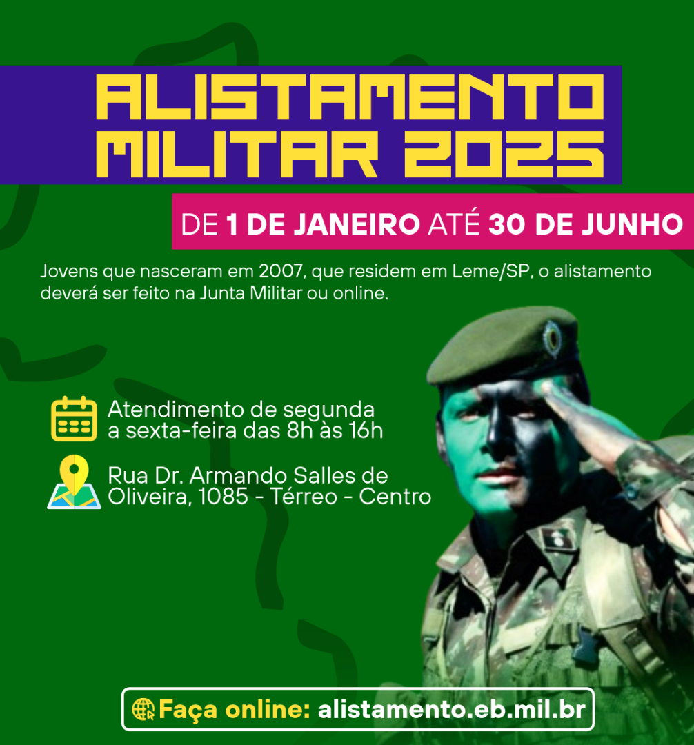 ALISTAMENTO MILITAR 2025 ATÉ DIA 30 DE JUNHO