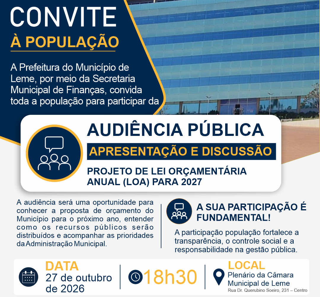 SECRETARIA DE FINANÇAS INFORMA SOBRE AUDIÊNCIA PÚBLICA NO DIA 27 DE OUTUBRO DE 2026