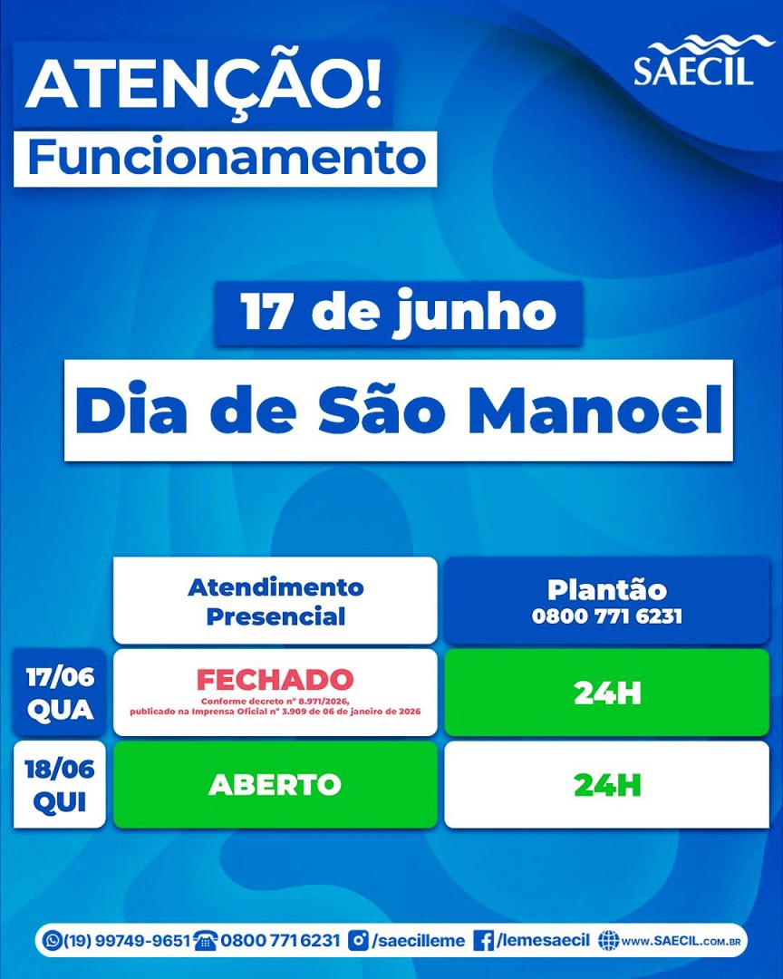 ATENÇÃO, POPULAÇÃO: SAECIL INFORMA